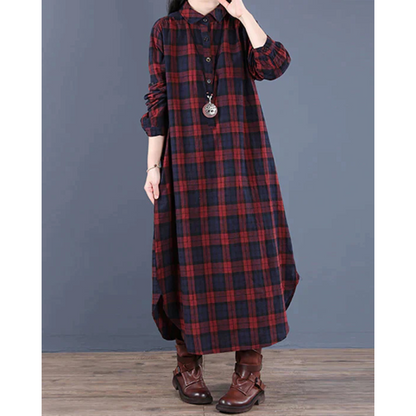 Robe chemise à carreaux à manches longues pour femmes | Maxi