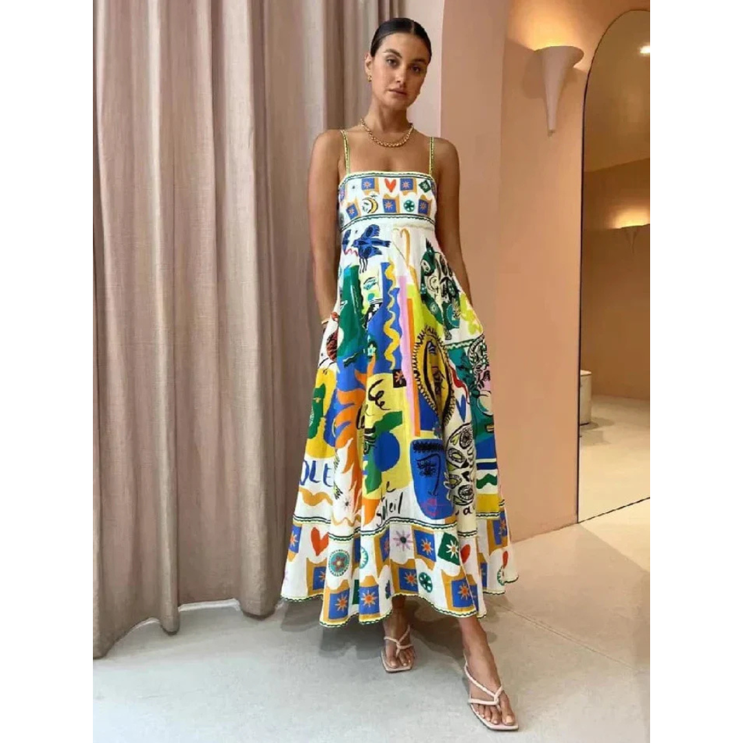 Robe d'été maxi à bretelles spaghetti imprimée pour femmes