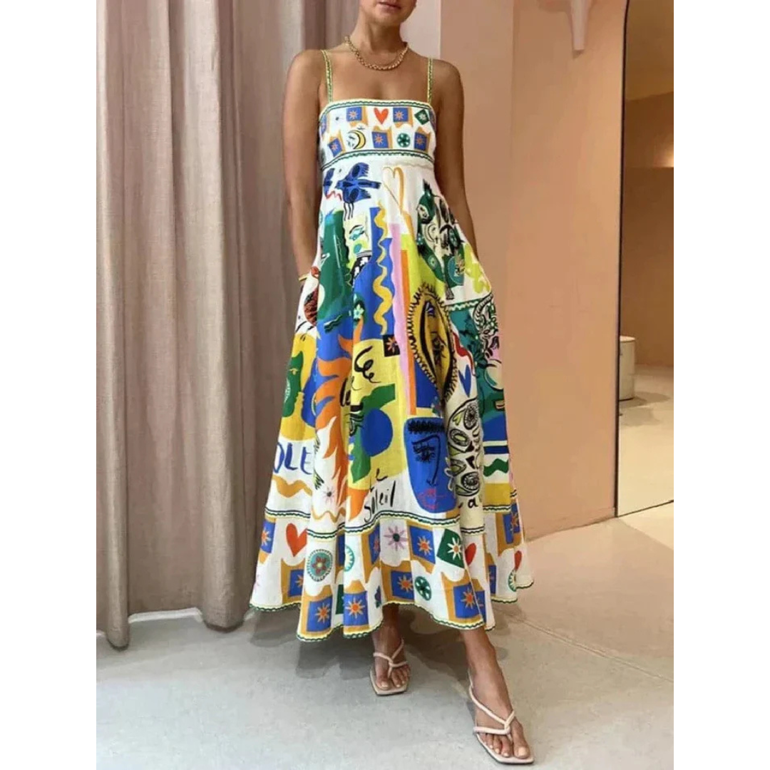 Robe d'été maxi à bretelles spaghetti imprimée pour femmes