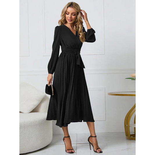 Midi Dress with Pleated Belt and V-Neckline for Women