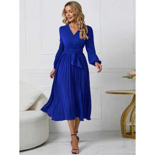 Midi Dress with Pleated Belt and V-Neckline for Women