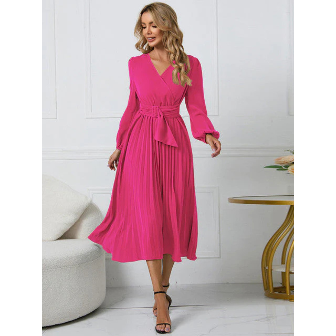 Robe Midi à Ceinture Plissée et Décolleté en V pour Femmes