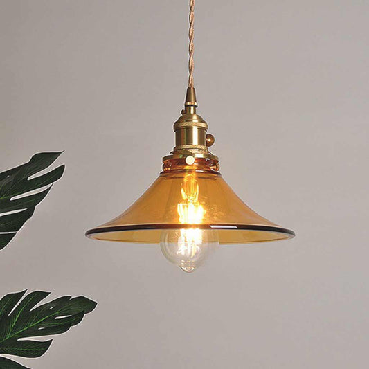 Suspension vintage en laiton en forme de corne avec verre ambre