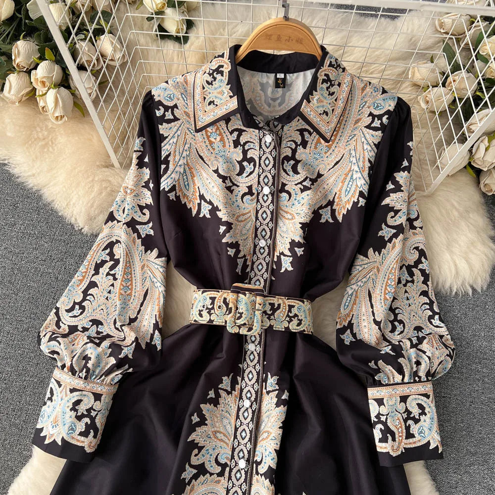 Petrin | Women's Dress with Floral Pattern and Belt