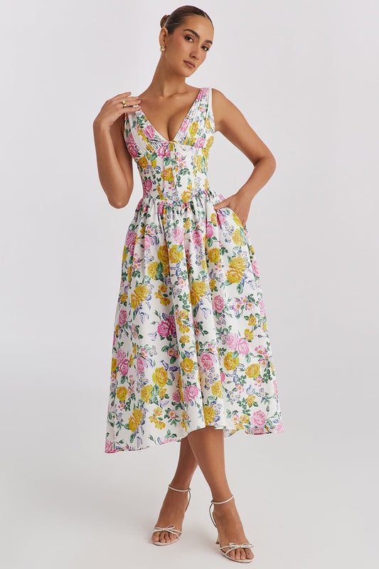 Vintage Casual Floral Wedding Dress for Women | Midi