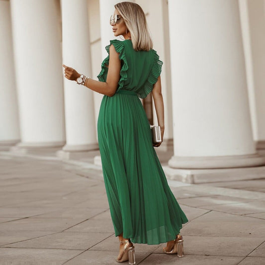 Evelina | Green Bohemian Dress for Women with V-Neck