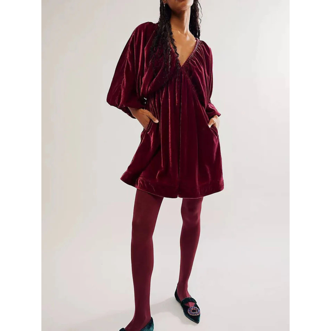 Robe d'hiver pour femmes avec décolleté en V et manches bouffantes | Mini