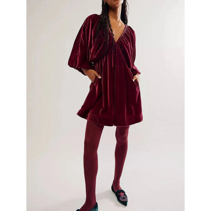 Robe d'hiver pour femmes avec décolleté en V et manches bouffantes | Mini