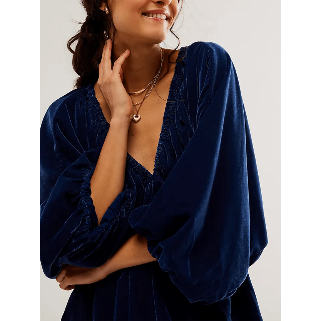 Robe d'hiver pour femmes à décolleté en V et manches bouffantes | Mini
