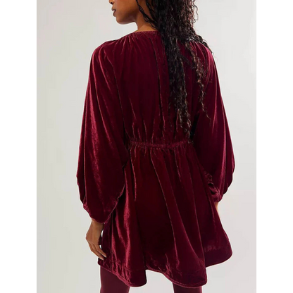 Women's winter dress with V-neck and puff sleeves | Mini