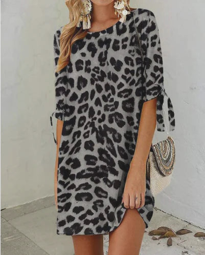 Deacona | Women's Dress with Round Neck Leopard Print