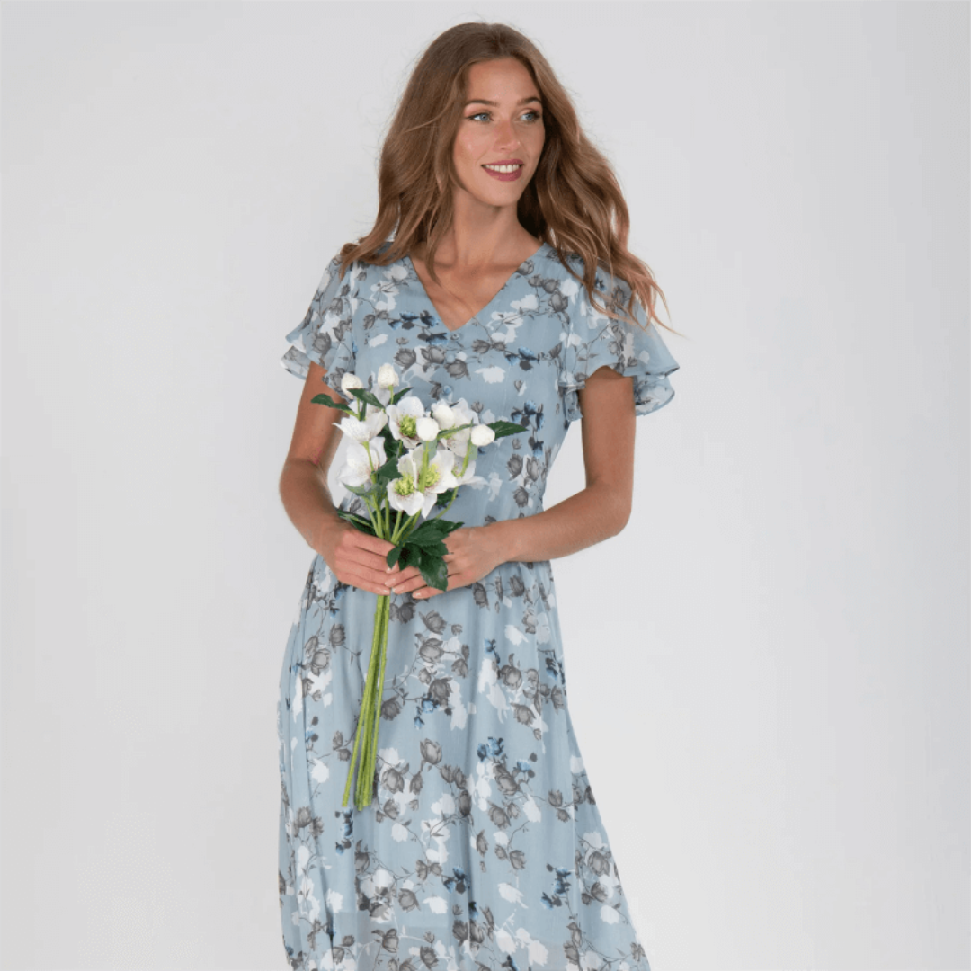 Maxi Dress with V-Neckline and Floral Print for Women