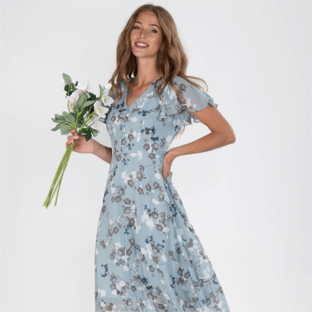 Maxi Dress with V-Neckline and Floral Print for Women