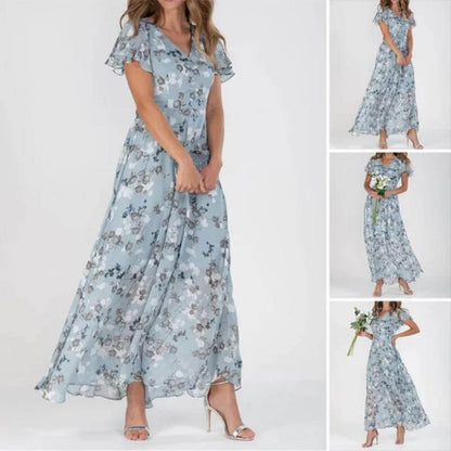 Maxi Dress with V-Neckline and Floral Print for Women