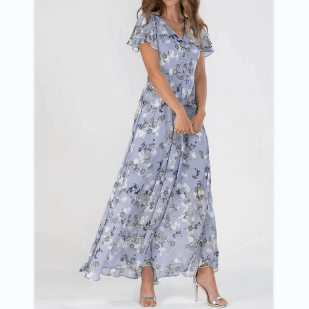 Maxi Dress with V-Neckline and Floral Print for Women