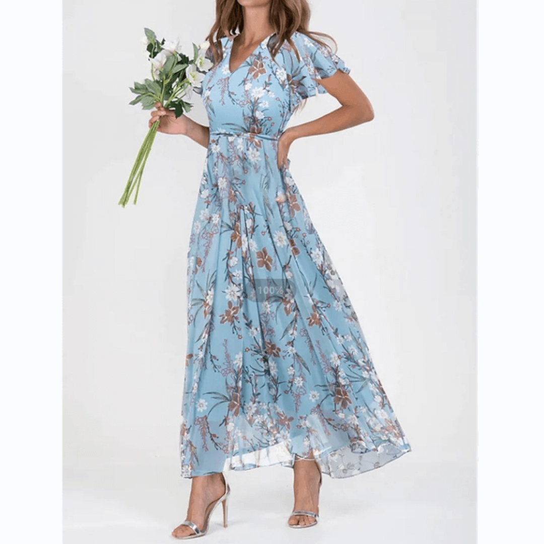 Maxi Dress with V-Neckline and Floral Print for Women