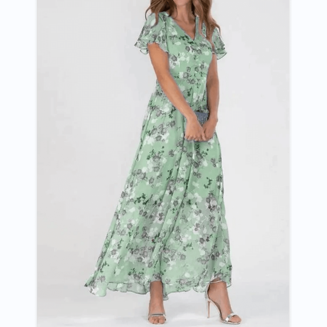 Maxi Dress with V-Neckline and Floral Print for Women