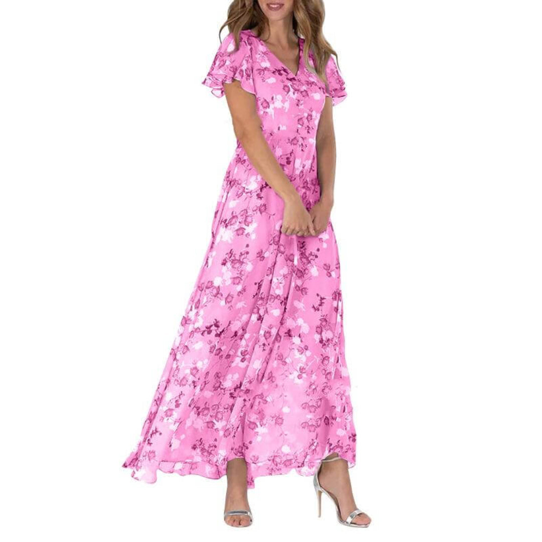 Maxi Dress with V-Neckline and Floral Print for Women