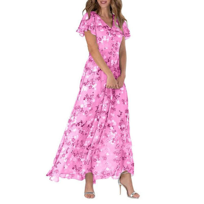 Maxi Dress with V-Neckline and Floral Print for Women