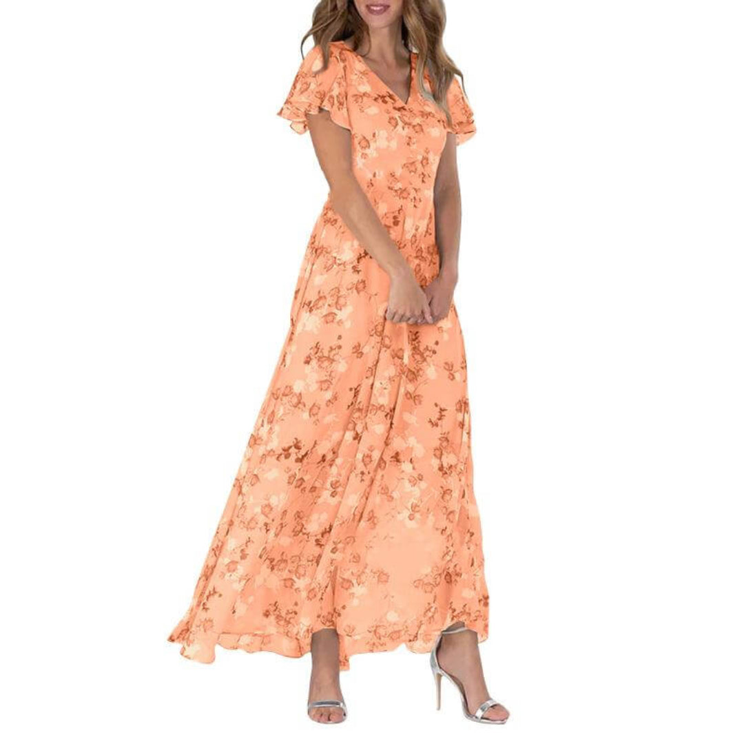 Maxi Dress with V-Neckline and Floral Print for Women