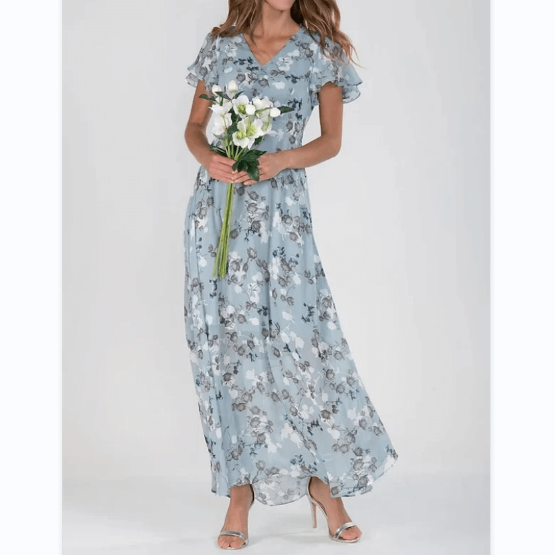 Maxi Dress with V-Neckline and Floral Print for Women