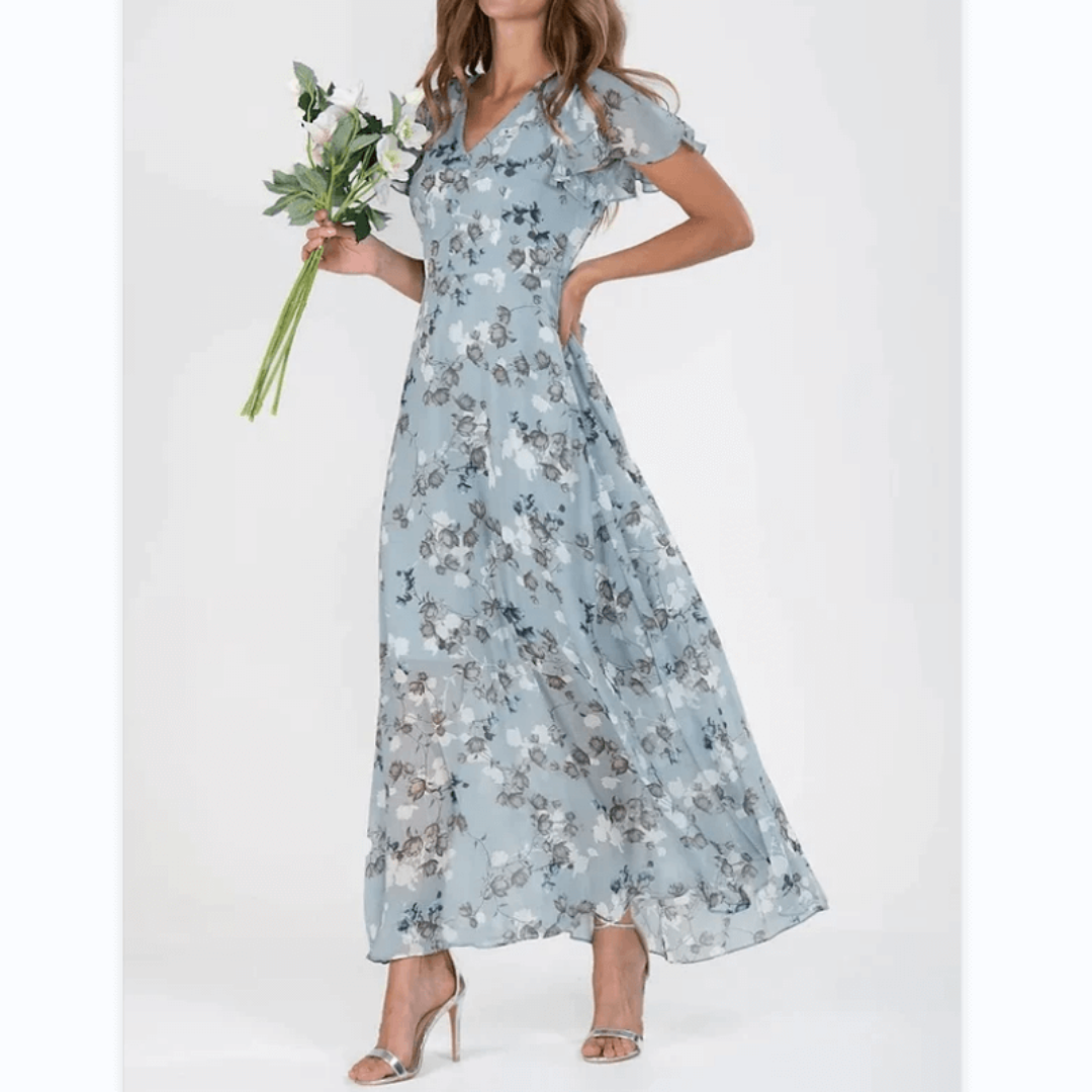 Maxi Dress with V-Neckline and Floral Print for Women