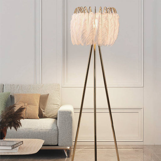 Lampe sur pied en plumes d'autruche style scandinave trépied, blanche